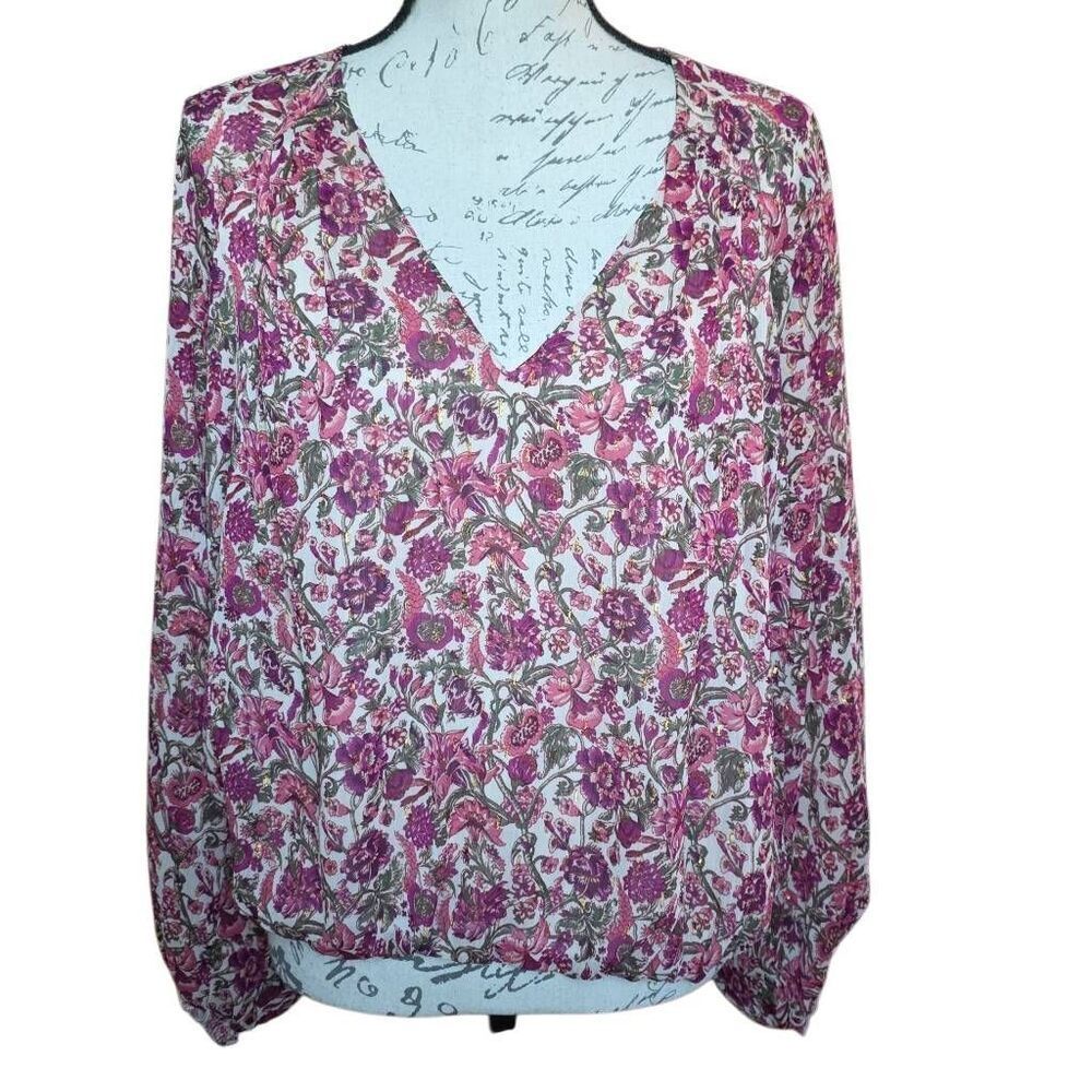 Express Women's Size Large Pink Floral Print V-neck Peasant Blouse